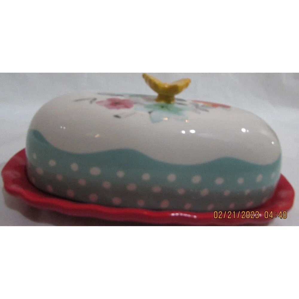 THE PIONEER WOMAN BUTTER DISH FLEA MARKET FLORAL STONEWARE POLKA DOTS BUTTERFLY